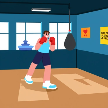 An amateur boxer stands alone in a dimly lit gym, bathed in the soft glow of early morning light filtering through the windows. He is dressed in a light blue tank top and dark shorts, showcasing his muscular build. His brow is furrowed in concentration as he throws powerful punches at a hanging heavy bag. The floor is wooden and slightly scuffed, reflecting years of use. A few motivational posters are visible on the walls, conveying messages of strength and perseverance. The atmosphere is filled with a sense of focus and determination.