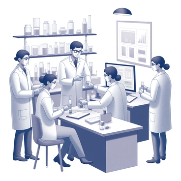 A laboratory filled with various scientific equipment and tools. Several scientists are engaged in medical research. One scientist is using a pipette to transfer a liquid into a test tube, while another is observing the reaction in a test tube placed on a nearby workbench. Another scientist is taking notes on a clipboard, and a computer with charts and data is visible in the background. The room is organized, with shelves containing various glassware and reagents, and bright overhead lights illuminating the workspace.