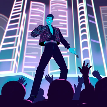 A charismatic performer with medium brown skin and a distinct hairstyle, wearing a sparkling black jacket adorned with sequins and tailored pants. He is on a stage, striking a dynamic pose while holding a microphone. Surrounding him are vibrant city lights that create a dazzling backdrop, reflecting off his outfit and illuminating the scene. His expressive face conveys passion and energy as he performs. The audience in the foreground is silhouetted, focused on him with their hands raised, creating an atmosphere of excitement and engagement. The scene captures the essence of a live performance, with bright lights and a lively, urban vibe.