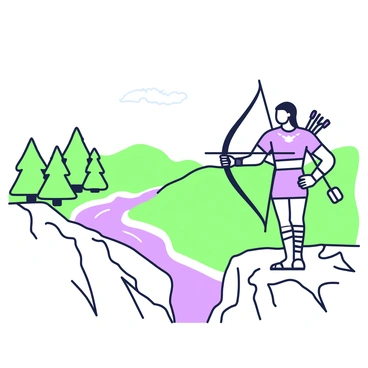 An archer standing dramatically on the edge of a cliff, surveying the landscape below