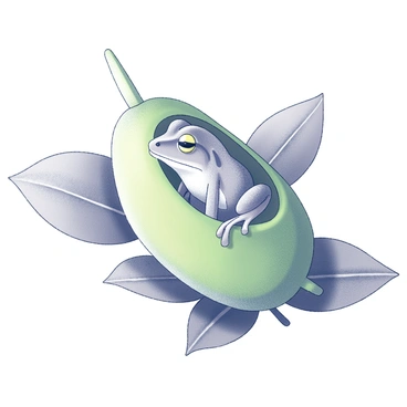 A tiny frog is curled up inside a green peapod. The frog's bright eyes are wide open, peeking out curiously from the pod. The peapod is elongated, with its smooth, rounded shape cradling the frog snugly. The frog's skin has small textured bumps, creating a distinct appearance. The surrounding leaves are detailed, showcasing their veins and shapes, framing the scene. The overall composition captures the frog's inquisitive expression as it observes its surroundings.