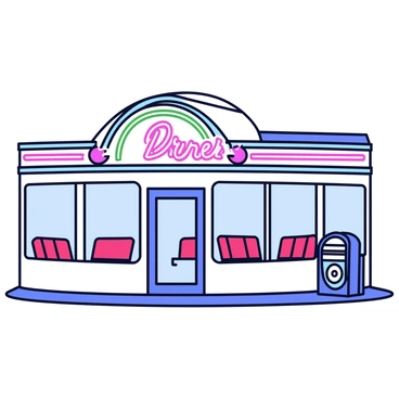 An art deco diner with a sleek, curved facade. The building features colorful neon signs that glow in vibrant hues of pink, blue, and green. Chrome accents adorn the exterior, reflecting the lights and giving a shiny appearance. Large glass windows showcase the interior, where cozy booths with red upholstery are visible. The entrance is framed by a neon-lit archway. A classic jukebox stands in one corner, with a polished metal finish.