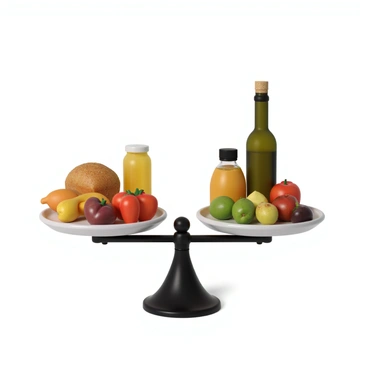 A scale is positioned at the center of the image, featuring two distinct trays. On one side, local products are displayed, including a loaf of bread, a jar of honey, and a vibrant bunch of vegetables, all showcasing rich colors and textures. On the opposite side, foreign products are represented by a bottle of olive oil, a block of cheese, and a selection of exotic fruits, each item carefully arranged. The scale is visibly tipped towards the local products side, indicating the influence of protectionism. The background features a subtle hint of flags or symbols representing different countries, adding context to the theme of trade.