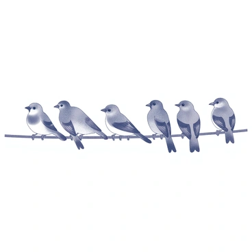 A group of sparrows perched closely together on a thin telephone wire. Each sparrow has a distinct posture, with some facing left and others facing right. They are illustrated with simple and playful ink doodles, capturing their small size and features like short tails and pointed beaks. The background is minimal, emphasizing the wire and the birds, while shadows beneath them suggest their presence.