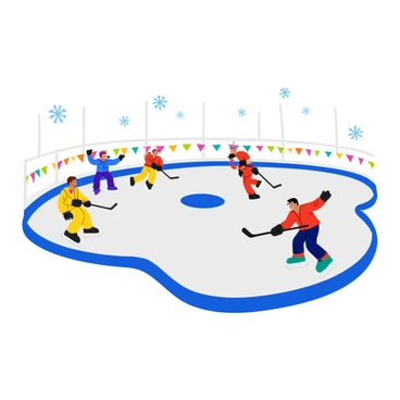 A group of children playing hockey on a bright ice rink. The kids are wearing colorful jerseys in shades of red, blue, and yellow. They are energetically skating across the ice, with some poised to shoot the puck while others are cheering and laughing. The rink is bordered by a white fence, and there are colorful banners hanging around the edges, adding to the festive atmosphere. A few snowflakes are falling gently from above, enhancing the playful scene.