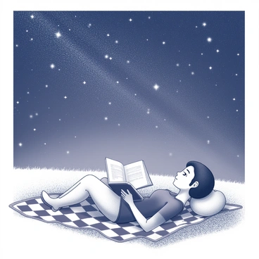 A person is lying on a blanket spread out on the grass of a field. The individual is relaxed, holding a book open in their hands. Above them, a night sky filled with numerous stars is visible, creating a breathtaking backdrop. The blanket has a checkered pattern, and the grass is lush and well-maintained. The person's face is illuminated softly by the starlight, reflecting a sense of tranquility and focus on the reading material.