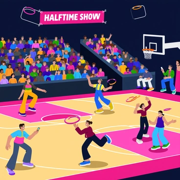 A vibrant halftime show taking place on a basketball court. Colorful lights illuminate the scene, casting a spectrum of hues across the hardwood floor. Performers dressed in bright, eye-catching costumes engage in energetic dance routines. Some performers are spinning hoops while others juggle colorful props. The audience is visible in the background, cheering and holding up their phones to capture the spectacle. A large banner reading "HALFTIME SHOW" is displayed prominently above the court.
