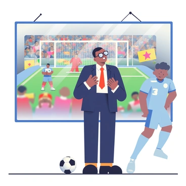 A football commentator with short black hair and glasses is standing in front of a large screen that displays a paused image of a football match. He is wearing a navy suit with a white dress shirt and a red tie. His hands are animatedly gesturing as he describes the infamous "Hand of God" goal. Behind him, various fans in the stands are cheering, some holding flags and banners in support of their team. In the foreground, a football is visible on the pitch, alongside a blurred figure of a player in a light blue jersey, about to make a crucial play. The intensity of the moment is captured as expressions of excitement and anticipation are evident on the commentator's face.