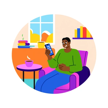 A person sitting in a cozy armchair, with a warm light illuminating their face as they read a smartphone. The individual has a joyful expression, with their eyes focused on the screen. Around them, there are soft blankets draped over the chair and a small table beside it holding a steaming mug of tea. The room features a small bookshelf filled with colorful books and a window showing a glimpse of a sunny day outside. On the screen of the smartphone, the words "kind comments" are visible in bright, cheerful colors, showcasing supportive messages.