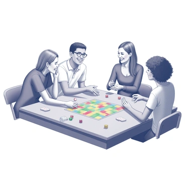 A group of four friends seated around a wooden table, engaged in a board game. They are laughing and smiling, clearly enjoying their time together. Two of them, a man and a woman, are leaning towards the center of the table, eagerly watching the dice as they are rolled. The third friend, a man with glasses, is throwing the dice with excitement, while the fourth friend, a woman with curly hair, is holding a game piece in her hand, ready to move. The table is covered with a colorful game board and scattered game pieces, with some snacks and drinks visible in the background.