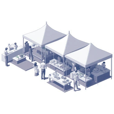 A bustling local market featuring rows of tents with a variety of goods displayed for sale. Each tent has its unique shape and design, showcasing fruits, vegetables, and handmade crafts. Shoppers are moving between the tents, examining products and engaging with vendors. The ground is filled with various items laid out on tables and mats, while some people are carrying shopping bags. The scene captures the vibrancy and activity of a community market.
