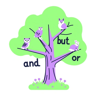A large tree stands in the center of the image, its sturdy trunk supporting numerous branches that extend outward. Each branch is labeled with different conjunctions such as "and," "but," and "or," written in clear, bold lettering. Perched on each branch are various animals that represent the conjunctions, such as a wise owl on the "and" branch, a clever fox on the "but" branch, and a curious rabbit on the "or" branch. The leaves of the tree are abundant, creating a lush canopy overhead. The ground around the tree is dotted with small flowers and soft grass, providing a vibrant setting for the scene.