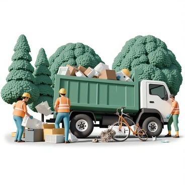 A large junk truck, painted in bright green with white accents, is parked in a forest clearing surrounded by tall, lush trees. The truck's back is open, revealing piles of various discarded items, including old furniture and appliances. Two workers, wearing bright orange safety vests and blue gloves, are actively collecting trash from the ground. One worker is picking up a large, crumpled piece of cardboard, while the other is loading a rusty bicycle onto the truck. Sunlight filters through the leaves, casting dappled shadows on the ground, enhancing the scene's vibrant colors and details.