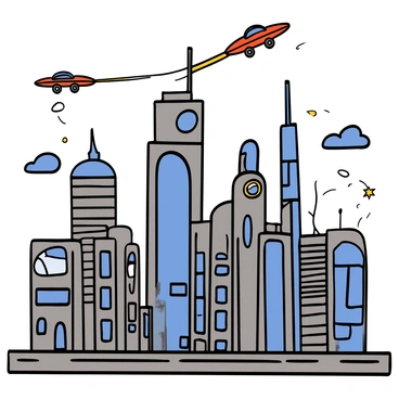 A cityscape featuring tall, futuristic buildings with sleek designs and a mix of glass and metal elements. The skyline is filled with various architectural shapes, including angular towers and rounded structures. Numerous flying cars are zipping through the air, depicted in streamlined shapes with visible details like windows and wheels. The sky is clear, enhancing the visibility of the bustling urban environment. There are a few clouds scattered, adding depth to the scene, while the ground is illustrated with roads and pathways, hinting at a busy city life below.
