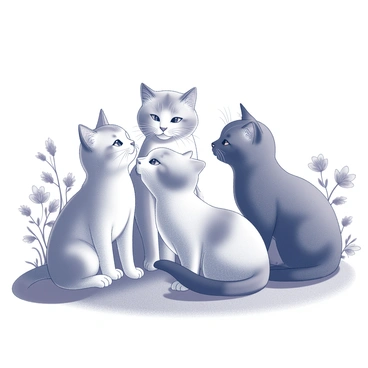 A group of ragdoll cats sitting closely together in a garden setting. The cats have various fur patterns and textures. They are positioned on soft grass surrounded by flowers and plants. One cat is leaning in slightly, as if whispering to the others, who appear attentive with perked ears. The sunlight casts shadows on the ground, and there is a sense of warmth in the atmosphere.