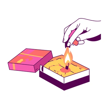 A close-up of a hand with well-defined fingers is striking a matchstick against a matchbox. The matchbox is positioned at an angle, showing its vibrant packaging. As the matchstick makes contact, a small orange flame bursts to life at the tip of the matchstick. The background is slightly blurred to highlight the hand and the ignition moment, with soft light illuminating the scene.