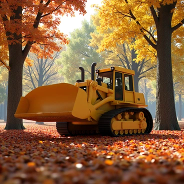 A yellow bulldozer with large tracks and a wide blade is moving through a forest. The ground is covered with vibrant autumn leaves in shades of red, orange, and yellow. The bulldozer is partially surrounded by tall trees with a mix of green and autumn-colored foliage. Sunlight filters through the branches, casting dappled light on the scene and highlighting the rich textures of the bark and leaves. The bulldozer is kicking up some leaves as it moves forward.
