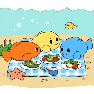A cartoon family of flounders is having a picnic on the ocean floor. The flounders have bright colors: one is a vibrant orange, another is a cheerful yellow, and the third is a playful blue. They are all flat and oval-shaped, with large, expressive eyes. The picnic blanket is a light blue checkered pattern spread out on the sandy seabed. 

On the blanket, there are small plates filled with various seaweed snacks and colorful coral-shaped sandwiches. A tiny bottle of sea salt is also visible. Nearby, a cheerful starfish is sitting, curiously looking at the picnic. Above them, bubbles are rising, and a few playful fish swim by, peeking in at the fun. The water around them is a clear turquoise, creating a lively atmosphere for their underwater gathering.