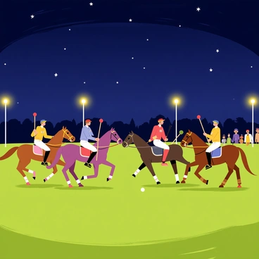 A polo match taking place at twilight with a dark, deep blue sky filled with stars. Several horses with sleek coats are galloping across a grassy field, their manes flowing in the wind. Players in colorful uniforms are energetically wielding mallets, aiming to hit a small white ball. A few spectators are seen in the background, watching the match with excitement. The scene is illuminated by soft, warm lights coming from nearby posts, casting gentle shadows on the grass.