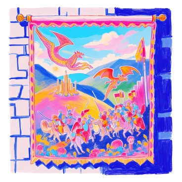 An ancient tapestry hangs on a stone wall, intricately woven with vibrant colors. The scene depicts legendary battles between powerful dragons and brave knights. Fierce dragons with shimmering scales and large wings are shown soaring through the air, breathing fire. Below, knights in shining armor wield swords and shields, charging forward with determination. The background features rolling hills and a blue sky dotted with clouds. Various details, such as banners and intricate patterns, adorn the tapestry's borders, enhancing its historical significance.