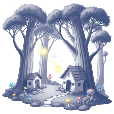 A dense forest filled with ancient, towering trees that stretch high into the sky, their trunks thick and gnarled with age. The branches are adorned with lush foliage, creating a natural canopy overhead that filters the light. Among the trees, a small, hidden fairy village can be seen, with tiny, intricately built houses nestled at the base of the trunks. Each house has a unique design, featuring rounded roofs and whimsical doorways. Magical, glowing orbs hover softly around the village, illuminating the surroundings. The ground is covered with a carpet of rich, textured moss and colorful mushrooms, adding to the enchanting atmosphere of the woods.