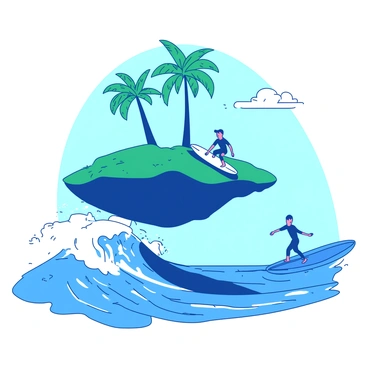 Two surfers are riding vibrant blue waves that are crashing and curling beneath them. The waves are being created by a large floating island that hovers above the water, casting a shadow on the ocean below. The island is lush with green palm trees that sway gently in the breeze. In the background, the sky is clear and bright, with a few small fluffy white clouds drifting peacefully. The surfers are focused, balancing skillfully on their boards as they navigate the powerful waves.