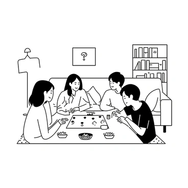 A cozy living room with soft furnishings and a warm atmosphere. A group of friends is seated around a large table, focused on playing board games. One person is rolling dice, while another is studying the game board intently. Various snacks are spread across the table, including bowls of popcorn and chips. Cushions are scattered across a large couch in the background, and a floor lamp is softly illuminating the scene. A bookshelf filled with books can be seen against one wall, and a patterned rug lies beneath the table.