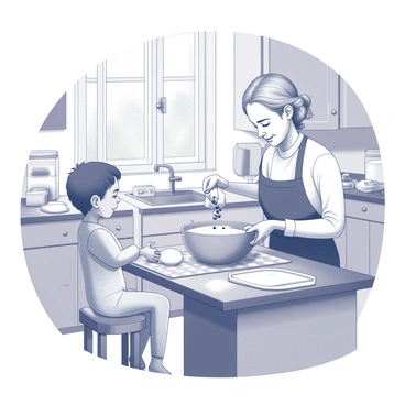 A child stands on a stool beside an elderly woman in a cozy kitchen. The grandmother, wearing an apron, is mixing dough in a large bowl, while the child, with a focused expression, is carefully pouring chocolate chips into the mixture. The kitchen has wooden cabinets and a checkered tablecloth on the countertop. Various baking ingredients, like flour and sugar, are scattered around. A window lets in soft light, illuminating the scene, and there are cookie sheets and a rolling pin visible on the table.
