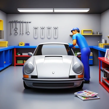 A mechanic is working on a "Porsche 911" with a sleek silver exterior. The mechanic is focused, wearing a blue work shirt and gloves. The garage is well-organized, with various "tools" neatly arranged on walls and benches. There are toolboxes, wrenches, and screwdrivers visible. Bright overhead lights illuminate the scene, highlighting the shiny surface of the car and the detailed components being inspected. "Car magazines" and "car parts" are scattered on a nearby workbench, adding to the garage atmosphere.