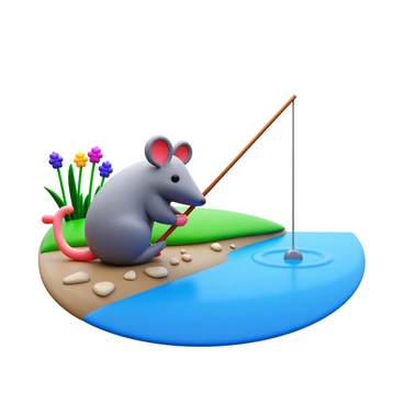 A mouse sitting on a riverbank, holding a tiny fishing rod. The mouse has soft gray fur and large round ears. It is focused on the water, waiting for a fish to bite. The riverbank is lined with small pebbles and green grass. In the background, gentle ripples can be seen on the surface of the water. A few colorful wildflowers bloom nearby, adding pops of color to the scene. The sky above is bright and clear, creating a peaceful atmosphere.