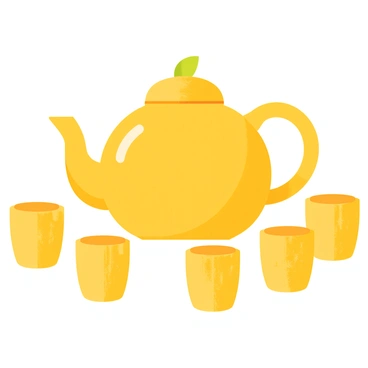 A whimsical teapot shaped like a bright yellow lemon, with a glossy finish that reflects light. The teapot has a handle that resembles a green leaf, and its spout is delicately curved. Surrounding the teapot are four matching cups, each designed to mimic the appearance of half a lemon, featuring a textured surface that resembles lemon rind. The cups are positioned neatly in a circle around the teapot, creating a cheerful and inviting scene.