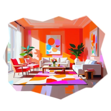 A spacious room filled with various shades of red on the walls and ceiling, creating a warm atmosphere. Geometric patterns inspired by Matisse adorn the upholstery of the furniture, which includes a plush sofa and several accent chairs. A large, abstract rug in vibrant hues of red, orange, and pink lies on the wooden floor, complementing the color scheme. On the walls, bold artwork resembling Matisse's style hangs in ornate frames. A wooden coffee table in the center of the room holds colorful decorative objects and a small vase filled with fresh flowers. Natural light streams in through a nearby window, casting playful shadows across the room.