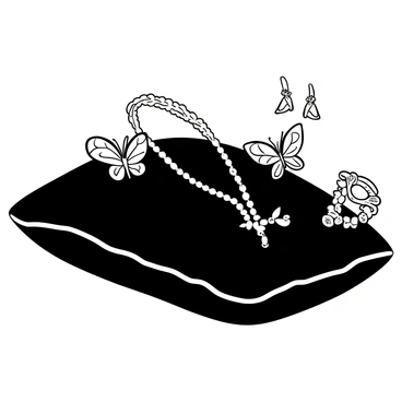 A velvet cushion is set in the center of the image. On top of the cushion, there is a collection of butterfly-themed jewelry pieces. A silver necklace with a butterfly pendant rests elegantly on the cushion, alongside a pair of intricately designed butterfly earrings. A delicate bracelet with multiple small butterfly charms is also displayed prominently. Each piece showcases detailed wing patterns, with some jewelry featuring sparkling embellishments or intricate filigree work. The overall arrangement of the jewelry is balanced and visually appealing, with the cushion providing a rich texture as a backdrop.