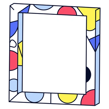 A modern vector frame with a rectangular shape. The frame is adorned with a geometric pattern consisting of various shapes like triangles, circles, and hexagons. The colors used in the pattern are bold and vibrant, including shades of red, blue, yellow, and green. The frame has clean lines and a smooth finish, emphasizing the contrasting colors of the geometric design.