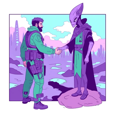 A teal mercenary with a rugged appearance is shaking hands with a purple alien leader who has an elongated head and large, expressive eyes. The mercenary is dressed in tactical gear, showcasing various gadgets and weapons strapped to his body. The alien leader is adorned with ornate clothing that has intricate patterns. They stand on a rocky terrain, with a distant view of a hostile landscape filled with strange, towering structures. The sky above is a mixture of colors, hinting at an otherworldly atmosphere. The handshake symbolizes a truce, with both figures displaying a serious yet determined expression.