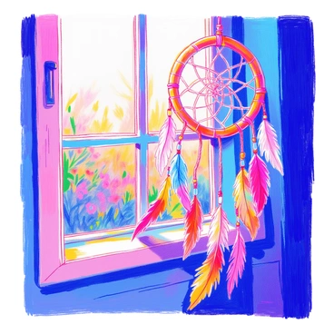 A "dream catcher" is hanging by a "window" that is partially open, allowing sunlight to stream in. The dream catcher features a circular hoop adorned with "feathers in every color of the rainbow," gently swaying in the breeze. The colorful feathers are vibrant and bright, each distinct and beautifully detailed. The window frame is made of wood, and outside the window, there is a blurred view of greenery, enhancing the serene atmosphere of the scene.