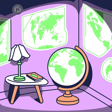 A dimly lit room features walls that are entirely covered in vintage maps, showcasing different continents and intricate details. In the center of the room, there is a globe resting on a wooden stand, with clearly marked borders and country names visible. Soft shadows are cast across the floor, creating a cozy yet mysterious atmosphere. A small table is placed next to the globe, holding an open leather-bound journal and a green pen. A vintage lamp with a fabric shade sits on the table, providing a warm glow that highlights the maps around the room.