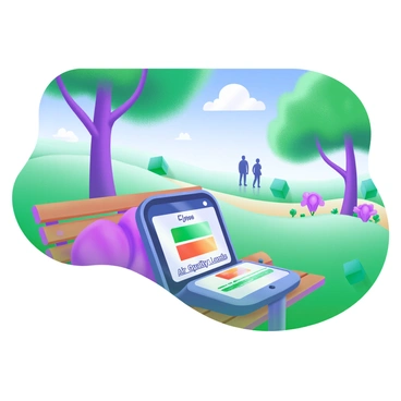 A small device with a sleek design showing the words "Air Quality Levels" on its screen. The display features color-coded levels, ranging from green to red, indicating varying air quality. The device is placed on a wooden bench in a park surrounded by lush green grass and colorful flower beds. In the background, tall trees provide shade, and a clear blue sky is visible above. A few people can be seen walking in the distance, enjoying the fresh air.
