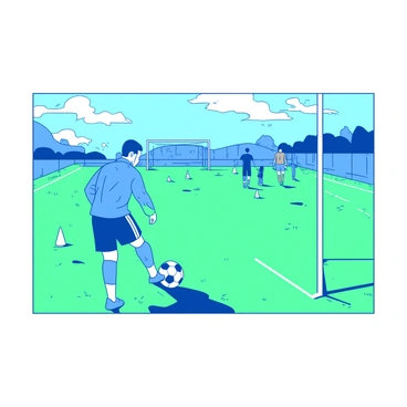 A blue training ground is filled with bright sunlight, creating a warm atmosphere. In the center, "Cristiano Ronaldo" is positioned, wearing a blue training kit, focused intently on the goal ahead. He is preparing to take a free kick, one foot poised behind the ball. The green field stretches out beneath him, with white goalposts visible in the background. Various training cones are scattered around, hinting at a structured practice session. A few teammates can be seen in the distance, observing and waiting for their turn. The scene captures the dedication and intensity of the moment.