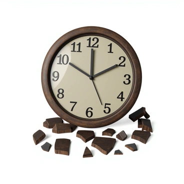 A broken clock with a weathered, antique wooden frame. The clock face is cracked, and the glass covering is shattered. The clock hands are stuck at 10:15, frozen in time. The numbers on the clock are faded and worn, adding to the overall sense of neglect. Surrounding the clock are scattered pieces of wood and metal, hinting at its recent destruction. The ambiance evokes a sense of nostalgia and reflection on lost moments.