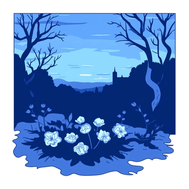 A duotone illustration features a garden at twilight, with ghostly shadows cast over the dead blooms. The sky above is a gradient of color, transitioning from deep blue to a lighter shade as the last light of the day fades. The dead blooms are sparse, their wilted petals tinged with a pale hue. Dark silhouettes of twisted branches and faded leaves create intricate patterns on the ground, enhancing the eerie atmosphere of the scene. A faint glow from the horizon hints at the coming night, while the overall ambiance evokes a sense of quiet melancholy.