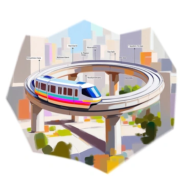 A detailed diagram of a city loop monorail system, prominently featuring an elevated monorail track winding through the urban landscape. The track is marked with key stops, each labeled with "Key Stop" indicators. Iconic attractions are illustrated along the route, including "City Park," "Museum of Art," and "Historic Theatre." The diagram includes a stylized representation of buildings and parks below the monorail, showcasing the city's layout. Color coding is used to differentiate between various lines and stops, enhancing the clarity of the transit system.