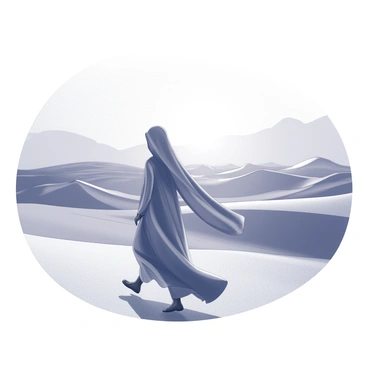 A figure dressed in a flowing kaftan is walking through a desert landscape during dusk. The kaftan drapes elegantly around the figure, catching the soft breeze. The desert is characterized by rolling sand dunes that ripple in the fading light. The sky above transitions from lighter to deeper shades as the sun sets on the horizon, creating a dramatic backdrop. The figure's silhouette stands out against the vastness of the desert, with soft shadows cast on the sandy ground.