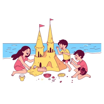 A group of children is happily building a sandcastle on the beach. The sandcastle has multiple towers, each one intricately shaped and decorated with seashells and small sticks. The first tower, tall and pointed, symbolizes a wish for adventure, decorated with a miniature flag. The second tower is wide and sturdy, representing a wish for friendship, adorned with colorful stones. The third tower is smaller but bright, symbolizing a wish for happiness, with a sun drawn in the sand nearby. The children are laughing and collaborating, with one holding a bucket while another pours sand from a small cup, creating an atmosphere of joy and creativity. The ocean waves gently lap at the shore in the background.