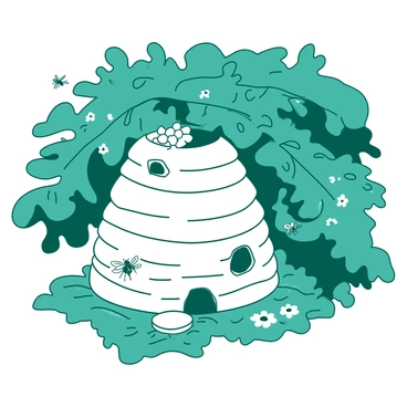 A duotone illustration features a white bee hive nestled in the branches of a teal tree. The hive is round and textured, showcasing various hexagonal openings where bees are bustling in and out. The tree branches are thick and leafy, casting dappled shadows around the hive. Small clusters of flowers in the surrounding tree add vibrant detail, while bees are seen flying actively near the hive.