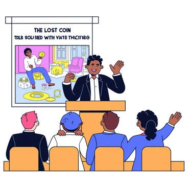 A pastor standing behind a wooden podium, passionately delivering a sermon to an attentive congregation seated in wooden pews. The pastor is wearing a black suit and a white shirt, gesturing expressively with one hand raised. Behind him, there is a large, colorful illustration depicting the "lost coin" parable, featuring a woman searching for a shiny gold coin on the floor of her home. The illustration includes details such as scattered household items and a warm, inviting atmosphere. The congregation is engaged, with some members nodding and others leaning forward to listen attentively.