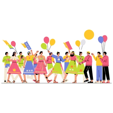 A vibrant parade featuring dancers wearing colorful traditional attire. The dancers are moving energetically down the street, showcasing a variety of patterns and designs on their costumes. Banners with intricate patterns are held high by some participants. Spectators line the streets, clapping and cheering as the parade progresses. Balloons in bright colors float in the air above the crowd, adding to the festive atmosphere. The sun shines brightly, illuminating the scene.