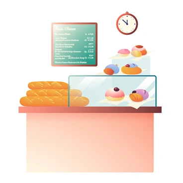 A cozy French bakery features a warm wooden counter with a glass display filled with fresh baguettes and a variety of pastries. The baguettes, golden and crusty, are stacked neatly to one side, while colorful pastries, including croissants and éclairs, are arranged artistically on parchment paper. Soft lighting highlights the textures of the baked goods, and a chalkboard menu with handwritten offerings is mounted on the wall behind the counter. A vintage clock hangs above, adding to the charming atmosphere of the bakery.