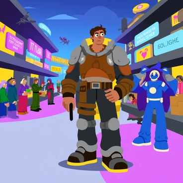 A mercenary in a rugged, worn-out armor stands confidently in a bustling spaceport. The spaceport is filled with diverse beings, including humanoid aliens with colorful skin, a large blue creature with multiple arms, and small robotic drones hovering around. Various spacecraft of different shapes and sizes are parked nearby, some with intricate designs and glowing lights. The mercenary scans the crowd with a focused expression, holding a futuristic gadget in one hand. Bright neon signs in various languages illuminate the surroundings, creating a lively atmosphere. A few traders are engaging in energetic conversations while others load cargo onto ships.