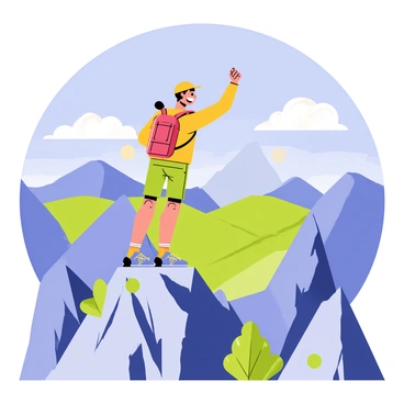 A hiker dressed in vibrant outdoor gear stands triumphantly on a rocky mountain peak. The hiker has a backpack slung over one shoulder and is raising one arm in celebration. Surrounding the peak, there are steep cliffs and rocky outcrops. In the background, a vast panorama of green valleys and distant mountains stretches out under a bright blue sky with fluffy white clouds. Sunlight bathes the scene, highlighting the rugged terrain and the hiker's joyful expression.
